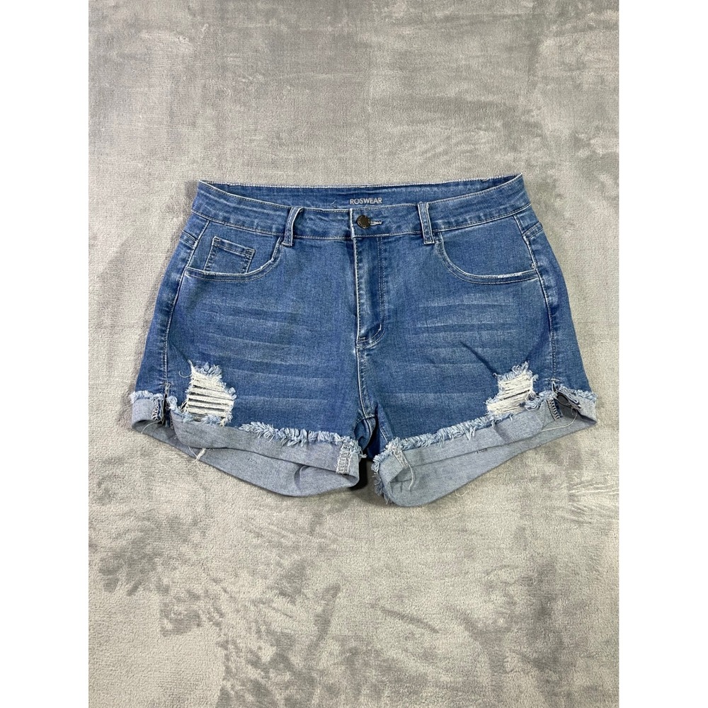 Roswear Distressed Denim Shorts Womens XL Blue High Rise Frayed Hem Jean Shorts